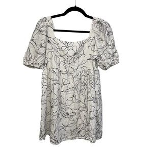 Lulu’s White and Black Floral Print Puff Sleeve Babydoll Mini Dress - M
